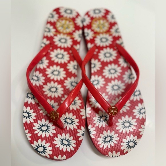 Tory Burch Red Nantucket Daisy Floral Flip‎ Flop Sandals Size 9 - Picture 4 of 9